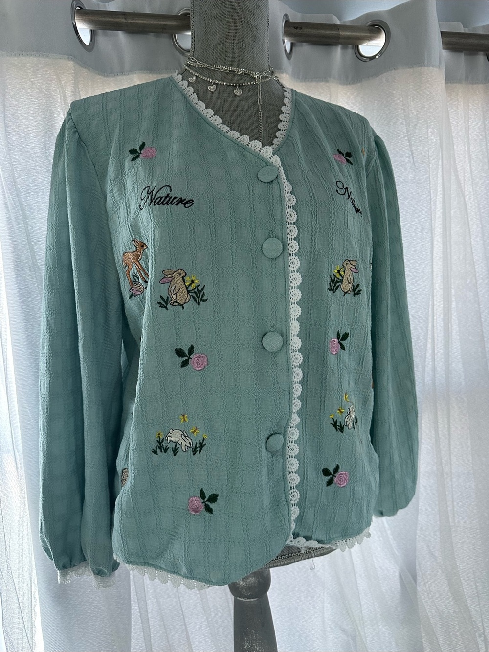 Embroidered Mint Green Button-Front Jacket by